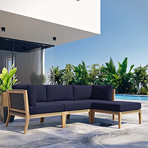 Modway Clearwater Outdoor Patio Teak Wood 4-Piece Sectional Sofa in Gray Navy