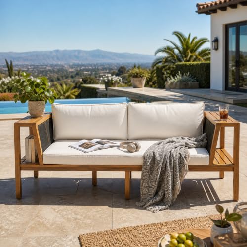 Christopher Knight Home PUMI Outdoor 2 Seater Acacia Wood Daybed with Water Resistant Cushions, Patio Sofa with Rope Accent & Built-in Side Storage Shelves, Slatted Outdoor Bench, Black+Cream+Teak