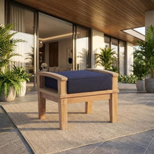 Outdoor Escape Blue Outdoor Patio Teak Ottoman with Cushions, Weather-Resistant Design, Comfortable Seat, Sturdy Construction, Ideal for Outdoor Living