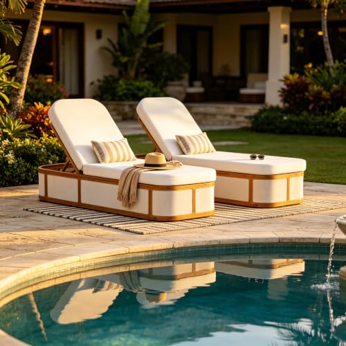 Merax Acacia Wood Chaise Lounge Set of 2, Outdoor Recliner Chair with 3-Position Adjustable Backrest, Water-Resistant Curved 2-Fold Cushion for Patio Poolside