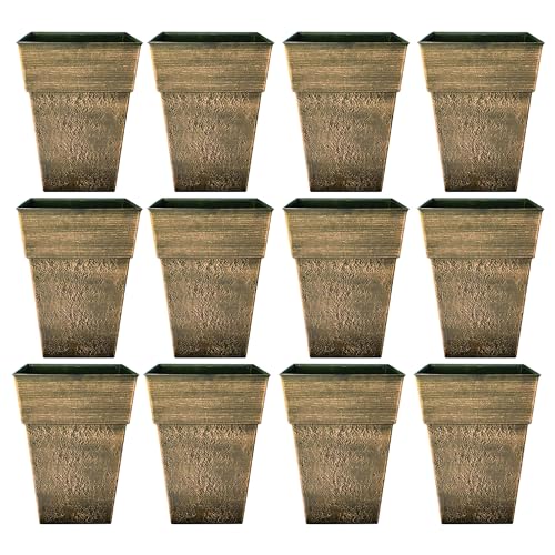 The HC Companies Avino 16 Inch Square Plastic Accent Outdoor Flower Planter Pot for Garden, Patio, Porch, Deck, or Balcony, Celtic Bronze (12 Pack)