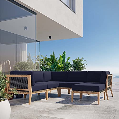 Modway Clearwater Outdoor Patio Teak Wood 6-Piece Sectional Sofa in Gray Navy