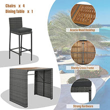 5-Piece Outdoor Wicker Bar Set with Acacia Wood Table and 4 Bar Height Chairs, Removable Cushions, Non-Slip Feet, Rope Secured Seating, Patio, Balcony, Garden, Poolside, Brown Wood Gray Wicker