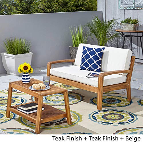 Great Deal Furniture Outdoor Teak Finished Acacia Wood Loveseat and Coffee Table Set with Beige Cushions