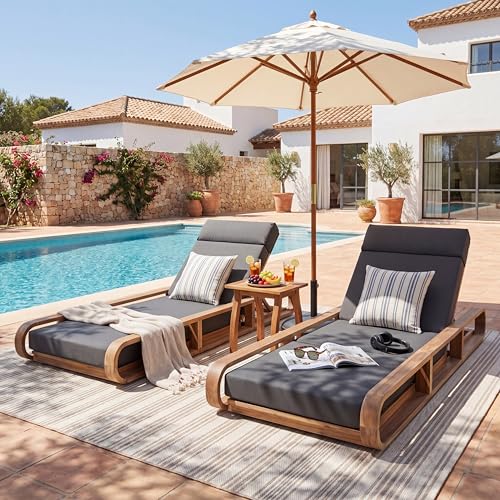 Merax 2 Piece White Finish Acacia Wood Chaise Lounge - 2 Pcs Frame + 2 Pcs 4" 4-Fold Dark Grey Water-Resistant Cushion, 400lbs Capacity, Adjustable Outdoor Recliner for Patio Poolside Backyard