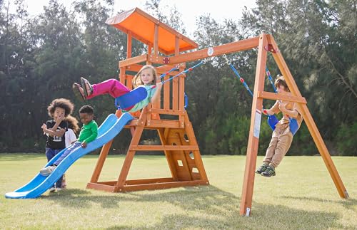 DOLPHIN PLAYGROUND T Wooden Swing Set with Slide and Sandbox for Ages 2-6