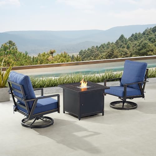 Oakland Living Black Aluminum Patio Fire Table Bistro Set with Two Club Chairs with Blue Cushions