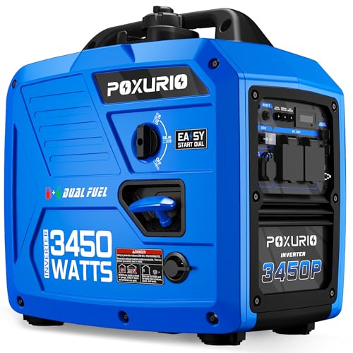 POXURIO 3450-Watt Dual Portable Inverter Generator for Camping & RV, 1.6 Gallon Gas Tank for 8.3 Hours Use, 120V Gas Powered Generator Ultra-Quiet Operation, EPA Compliant, Blue