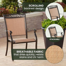 Hanover Fontana 9-Piece Outdoor Patio Dining Set with 60'' Cast-Top Table and 8 Sling Swivel Rocker Chairs Tan