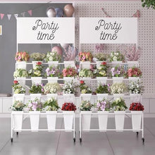 TBLOTYD 4 Tier Flower Display Stand with 16pcs Bucket, Heavy Duty Ladder Flower Indoor Outdoor Plant Shelf with Wheels, Tall Flower Cart Rolling Metal Raised Planter for Florist