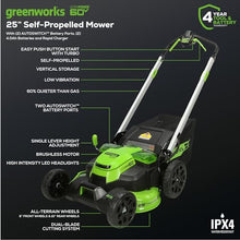 Greenworks 60V 25in Self-Propelled Lawn Mower, (2) 4.0 Ah Battery Kit