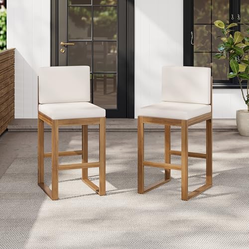 Christopher Knight Home Gree Outdoor Counter Height Bar Stools Set of 2 with Cushion, Acacia Wood Patio Barstool for Kitchen Island, Wooden Armless Counter Stool with Footrest, Light Beige+Light Brown