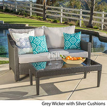 GDFStudio Outdoor Wicker Loveseat & Table Water Resistant Fabric Cushions (Grey/Silver)