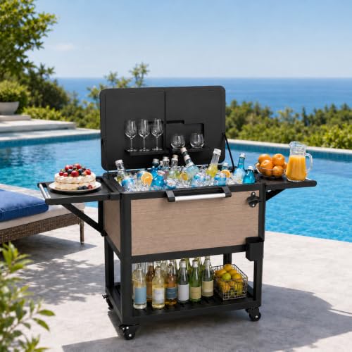 Outdoor Cooler Ice Chest Cart - 104 Qt Patio Rolling Cooler Cart on Wheels, Large Portable Standing Party Beverage Bar Cart with Foldable Shelves & Bottle Opener for Backyard BBQ Deck Camping Brown