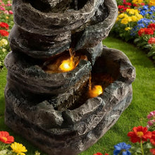 6-Tier Cascading Stone Water Fountain with 3 Warm LED Lights, Freestanding Outdoor Indoor Waterfall Feature, Resin Rock Style Decor for Garden Patio Yard Deck Porch Meditation Space