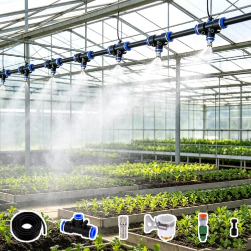 Garden Irrigation System with 1/2 inch Hose Tubing, Greenhouse Mist Drip Irrigation Kit for Hanging Plant Watering, Heat Dissipation Sprinkler Set