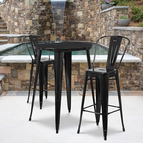 BOWERY HILL 3 Piece Patio Pub Set, 30" Round Metal Table and 2 Bar Stools, Black Powder Coat Finish, Indoor and Outdoor Use, Commercial and Residential Pub Dining Set, Retro Bistro Style