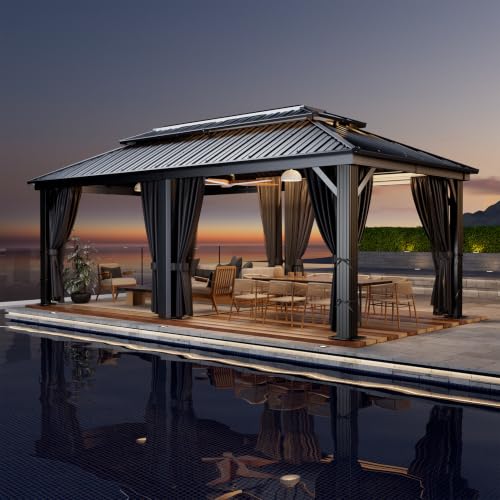 HOTEEL 12x20 Hardtop Gazebo on clearance with Metal Roof & Drainage System, Heavy Duty Galvanized Steel Gazebo with Aluminum Frame, Privacy Curtains and Netting, for All-Weather, Black (2026 Upgraded)