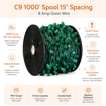 1000 ft C9 Christmas Light Socket Spool, Green 18 AWG SPT-1 Wire, 15" Socket Spacing, E17 Intermediate Base, Cut-to-Length Outdoor String Light Wire, UL Listed, Commercial Grade