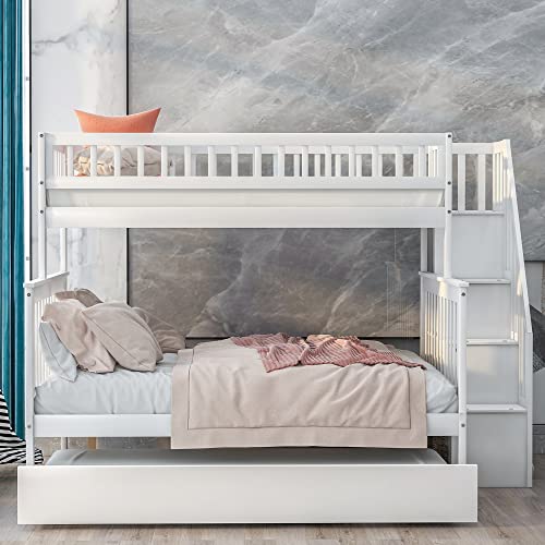 BOVZA Twin Over Full Bunk Bed with Trundle and Storage Stairs White