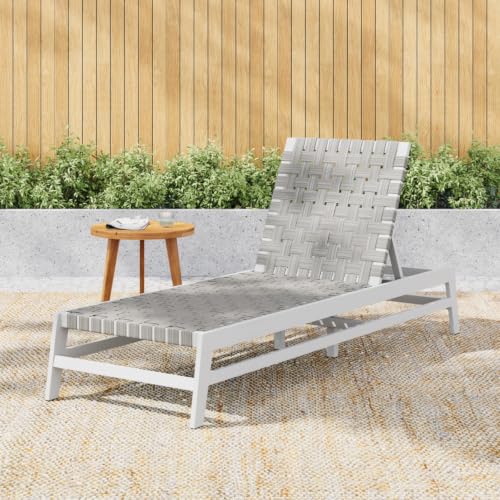 Hassyee Acacia Wood Outdoor Chaise Lounge w/Woven Rope Seat for Poolside, Patio Sun Lounger w/Adjustable Backrest for Garden, Light Grey Sunbed Lounge Chair w/Wooden Frame for Porch, Deck