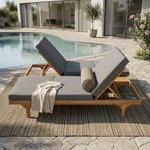 Merax 2-Person Outdoor Chaise Lounge Set with 3-Fold 4" Cushions, Acacia Wood Patio 5-Position Adjustable Reclining Sun Lounger, Convertible Double & Single Pool Lounge Chairs, Teak + Dark Grey