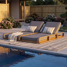 Merax Double Chaise Lounge Chair Outdoor with 4-Position Adjustable Backrest for Each Seat & 3-Fold Cushions, Acacia Wood Pool Sun Lounger for Patio Garden Beach, 800lbs Capacity, Dark Grey+Teak