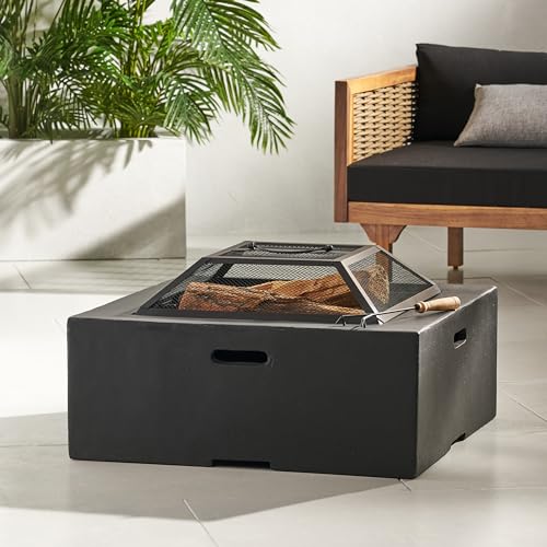 FammyLoft 29" Outdoor Fire Pit, Wood Burning Fire Pit for Patio with Spark Screen, Fire Poker, MGO Square Firepits for Outside, Camping, Backyard, Garden, Bonfire Party, Dark Gray