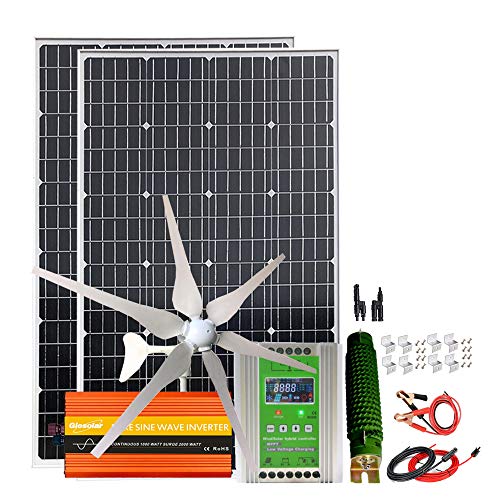 640W Solar Wind Power Kit 12V 24V Off Grid System: 2pcs 120 Watt Monocrystalline Solar Panel,400W Wind Turbine Generator,Hybrid MPPT Charge Controller & 1000W Inverter & Brackets