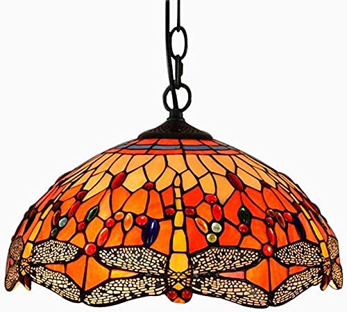 FSunKoFu Tiffany Chandelier, 16-Inch European Wrought Iron Balcony Warm Color Art Stained Glass Dragonfly Ceiling