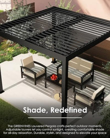 GREENVINES 10' x 10' Louvered Pergola | Outdoor Gazebo with Adjustable Top | Integrated Drainage System | Rustproof Hardtop Patio Roof | for Sun & Rain Shade | Deck Garden Backyard | Black