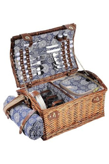 Handmade Wicker Picnic Basket Set for 4 People with Gingham Pattern, Wood, Insulated Compartment, Includes Cutlery, Plates, Glasses, and Water-Resistant Blanket - Brown and Blue