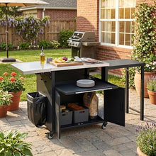 Foldable Outdoor Prep Station BBQ Cart Patio Dining Cart with Trash Rack and Foldable Top Portable Grill Cart with Storage Cabinet and Drawer for Backyard Patio Black