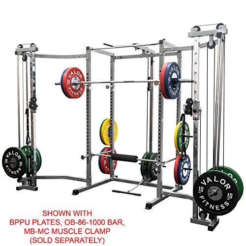 Valor Fitness Power Rack with LAT Pull & Cable Crossover Attachments - Full Body Workout - Plate Loaded Exercise Equipment