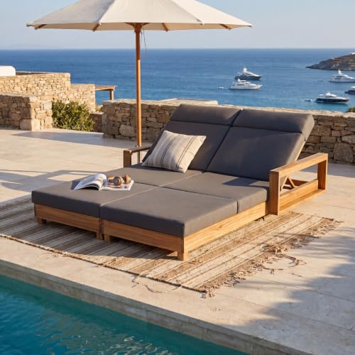 Christopher Knight Home Mari Acacia Wood Chaise Lounge Chair Outdoor, Spacious Double Outdoor Chaise Lounge With 4-Fold Cushions, 4 Position Adjustable Backrest Pool Lounger, Light Natural + Dark Grey