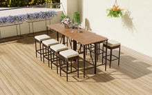 GO 10-Piece Outdoor Acacia Wood Bar Height Table And Eight Stools With Cushions, Garden PE Rattan Wicker Dining Table, Foldable Tabletop, High-Dining Bistro Set, All-Weather Patio Furniture, Brown