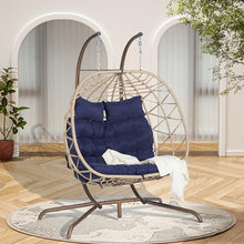 KEIKI Double Swing Egg Chair with Stand, Patio Rattan Wicker Hammock Egg Chair with UV Cushion, 2 Person Outdoor Indoor Hanging Basket Chair, 600LBS Capacity for Balcony, Dark Blue and Khaki