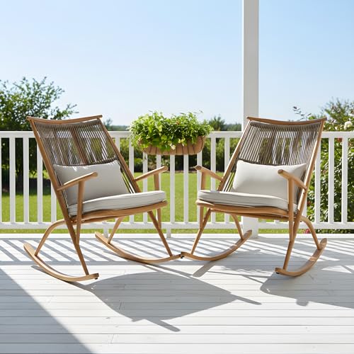 Christopher Knight Home Ilumia Set of 2 Iron Frame in Maple Finish Rocking Chair Outdoor, Patio PE Rattan Backrest Rocker Chair with Cushions, Comfort Wicker Rocker for Backyard Balcony, Gray + Maple