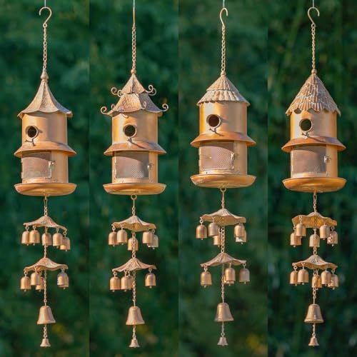 4 Assorted Hanging Birdhouse Feeder Chimes in Antique Copper The Homestead Collection (Set of All 4 (1 of Each))