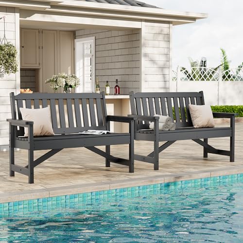 Garvee 2-Person Outdoor Benches Set of 2, HDPE Patio Slatted Bench, All-Weather Durable Garden Bench for Backyard, Porch, Lawn, and Poolside, 2 Pack, Grey