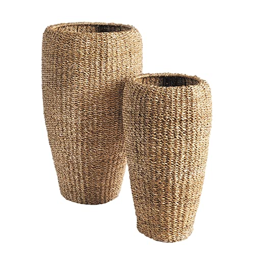 MY SWANKY HOME Elegant Tall Tapered Round Planters Set of 2 Woven Seagrass Baskets Minimalist