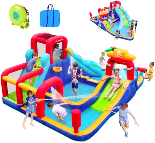 ELEMARA Inflatable Water Slide Bounce House, 10 in 1 Inflatable Water Park with Blower, 2 Slides & 2 Climbing Walls & 2 Water Guns & Giant Deep Pool, Blow up Water Slides for Backyard for 6