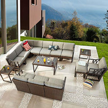 Festival Depot 15Pc Outdoor Patio Conversation Set with Sectional Corner Sofa, Wicker Ottoman, Metal Frame, and Grey Cushions