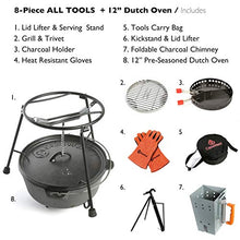 CampMaid Outdoor Cooking Set - Dutch Oven and Tools Set - Charcoal Holder & Cast Iron Grill Accessories - Camping Grill Set - Outdoor Cooking Essentials - Camp Kitchen Equipment - (8 Piece Set)