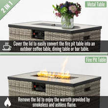 32 Inch Rectangular Propane Fire Pit Table with Wicker Base and Ceramic Top for Outdoor Patio Garden Use - Dark Gray (Beige + Ceramic Tile+Iron + Rattan+Metal + Rattan)