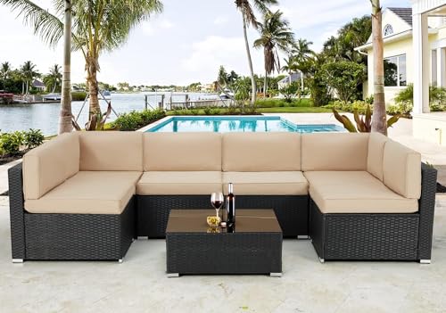 HTERWQEA Patio Furniture Set with Coffee Table, 7 Piece PE Wicker Rattan Outdoor Sectional Sofa Conversation Set with Enhanced Comfort for Backyard, Deck, Garden, Porch