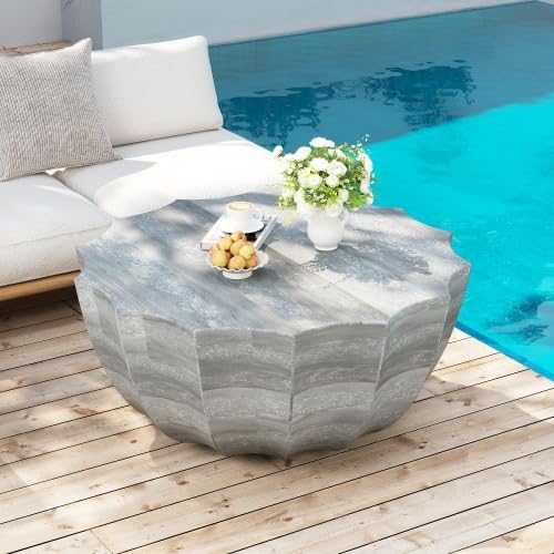 35" Indoor Round Coffee Table, Waterproof Coffee Table Modern MgO Cement Design End Tables for Living Room, Outdoor Patio Coffee Tables for Garden, Backyard, Balcony, Marble White