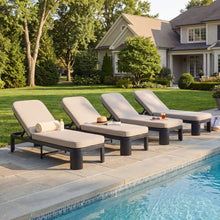 Christopher Knight Home Tidi Acacia Wood Chaise Lounge Chair Outdoor Set of 4, Poolside Sun Lounger Recliner, Patio Outdoor Chaise Lounge with Cushions, Adjustable Single Lounge Sofa, Black+Beige