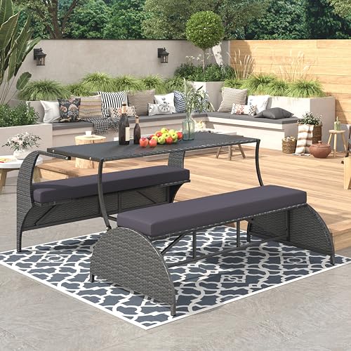 WZONICE98 Convertible Bench Table Outdoor, 57.1" 2-in-1 Outdoor Loveseat Transforms to 4-Seat Folding Picnic Table, HDPE Wicker Iron Frame Portable Patio Furniture for Garden Backyard Lawn, Gray