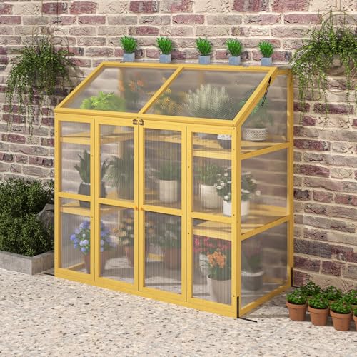 KEIKI Wooden Cold Frame Greenhouse, Large Outdoor Polycarbonate Garden Greenhouse Cabinet, Lean-to Green House Cabinet w/ Transparent Openable Top, Adjustable Shelves, Double Door for Outdoor Indoor